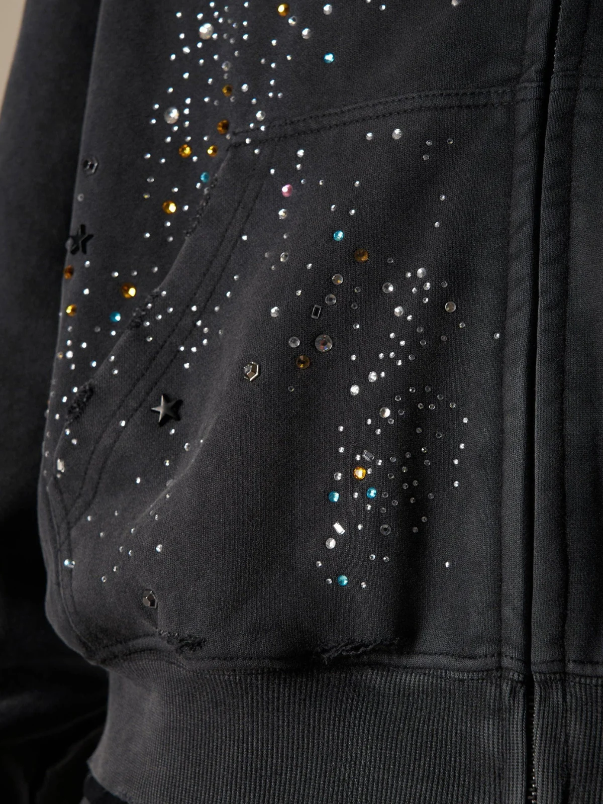 Vintage Washed Black Star Embellished Zip Up Oversized Hoodie Jacket [erp-image:79c1833b3dae6b98c29d142d]
