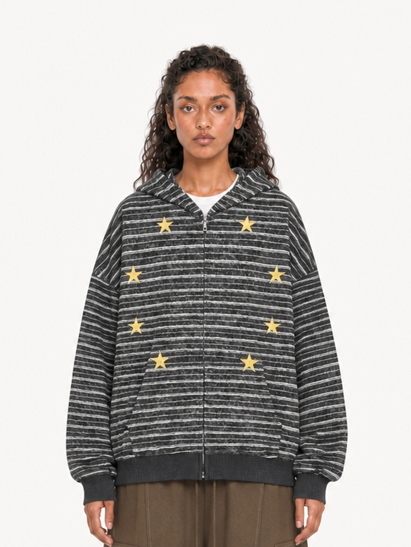 OYL-Lab Oversized Striped Star Embroidered Zip Up Hoodie