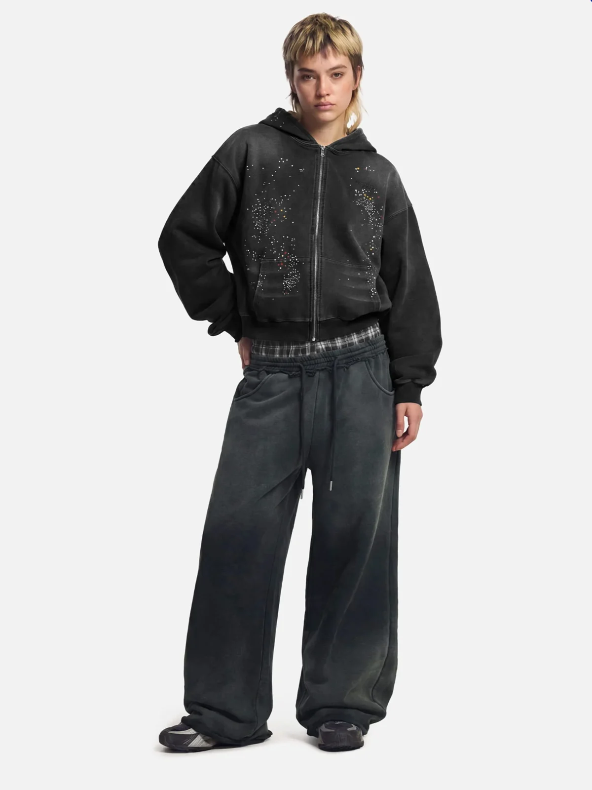Vintage Washed Black Star Embellished Zip Up Oversized Hoodie Jacket [erp-image:7e727c51d09a24946727edbe]