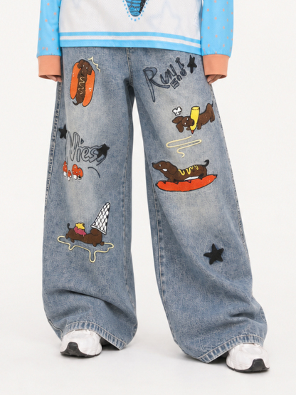 OYL-Lab Dachshund Towel Embroidery Baggy Jeans