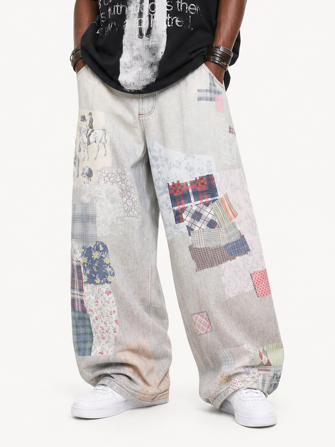 OYL-Lab Faux Denim Vintage Patchwork Print Pants