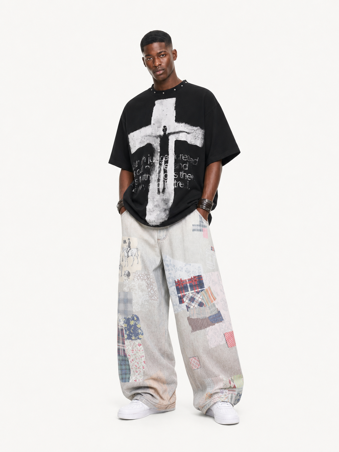 OYL-Lab Stud Collar Cross Figure  Waffle Tee