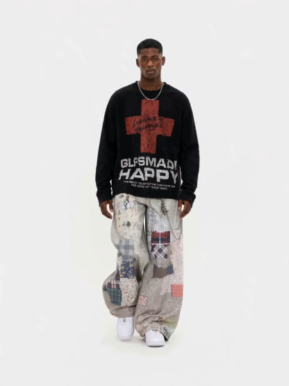 OYL-Lab Waffle Knit Cross Vintage Long Sleeve Tee