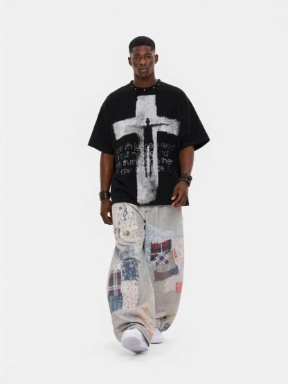 OYL-Lab Stud Collar Cross Figure  Waffle Tee