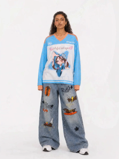 OYL-Lab  Anime Girl Graphic Jersey Long Sleeve Tee