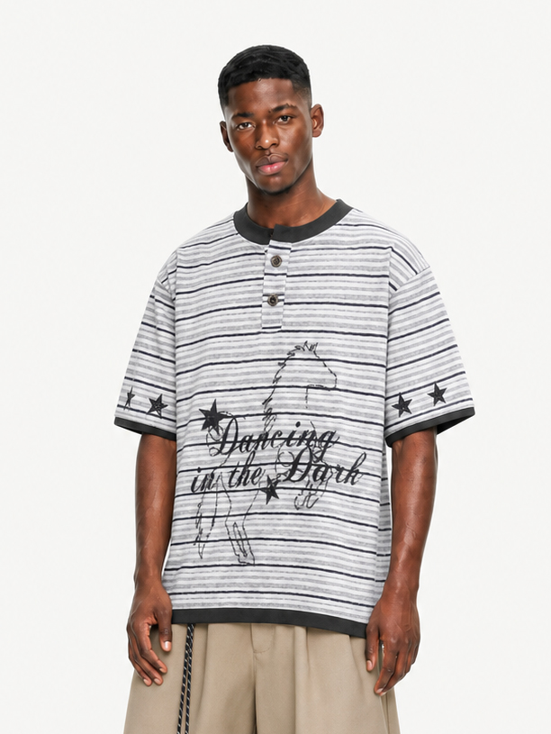 OYL-Lab Stripe Henley Neck  Vintage Print  Tee