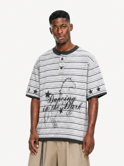 OYL-Lab Stripe Henley Neck  Vintage Print  Tee