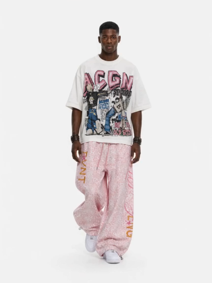 OYL-Lab Pink Leopard Print Embroidery Sweatpants