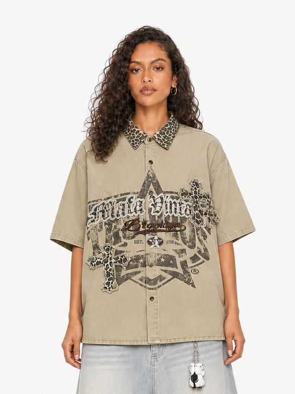 OYL-Lab Leopard Patch Cross Vintage Wash Shirt