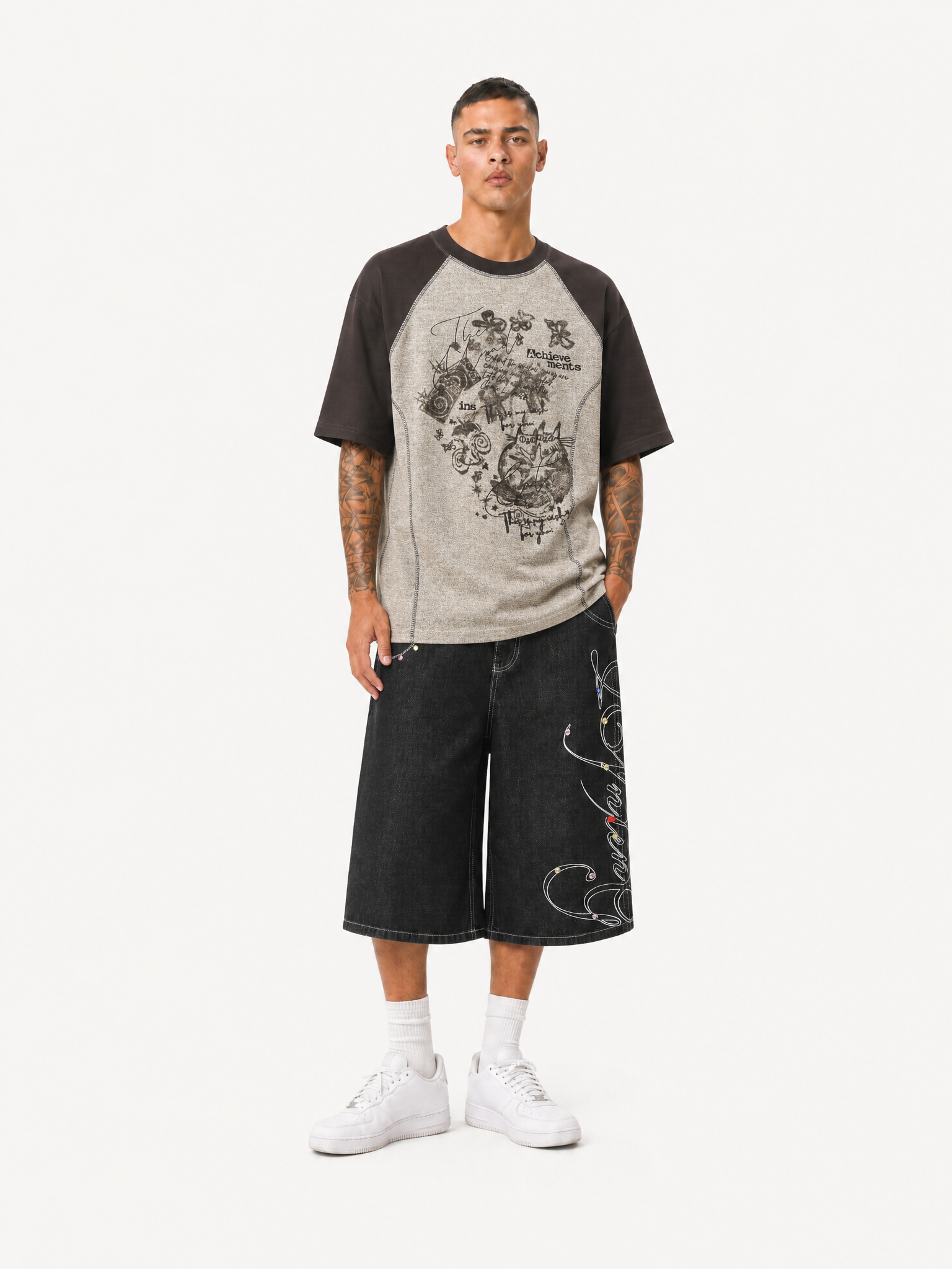 OYL-Lab  Faded Sketch Cat Butterfly Color Block Tee