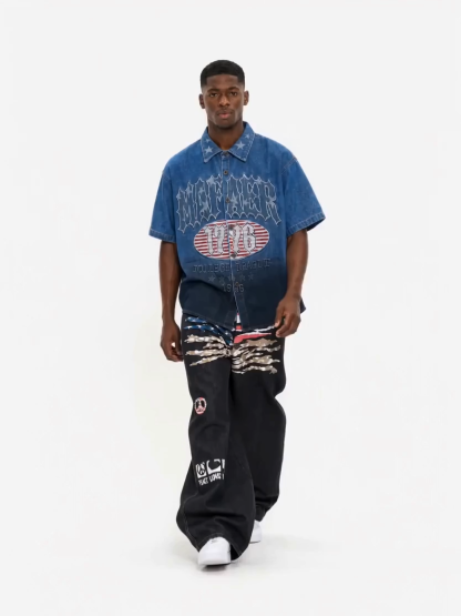 OYL-Lab Gradient Wash Embroidery Denim Short Sleeve Shirt