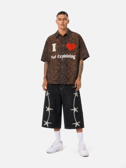 OYL-Lab Leopard Print Flocking Heart Short Sleeve Shirt