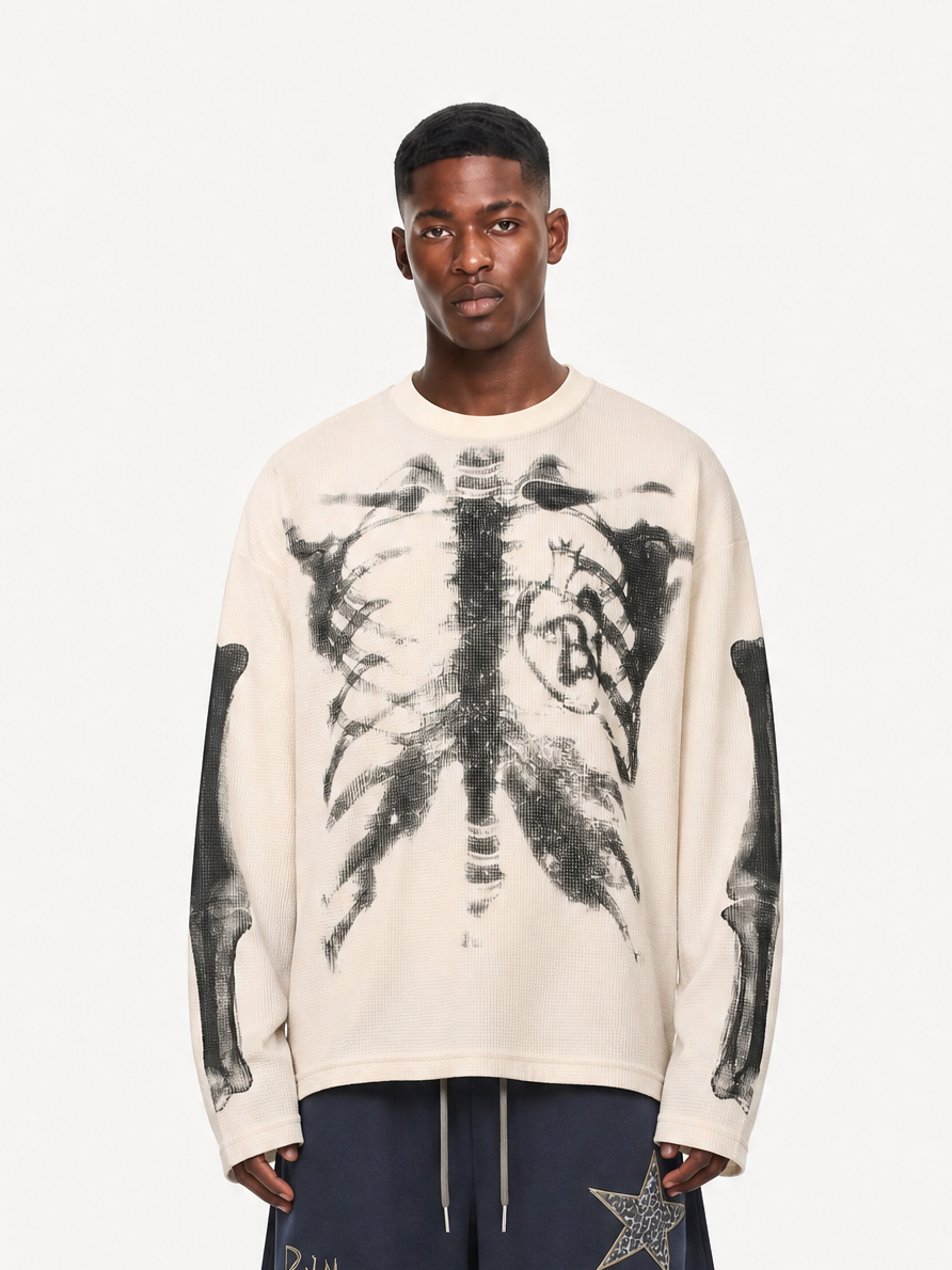 OYL-Lab Waffle Knit Skeleton Graphic Long Sleeve Tee