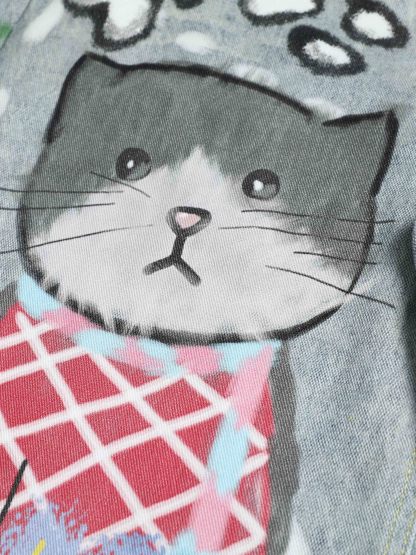 OYL-Lab Faux Denim Hand Drawn Cat Dog Print Pants