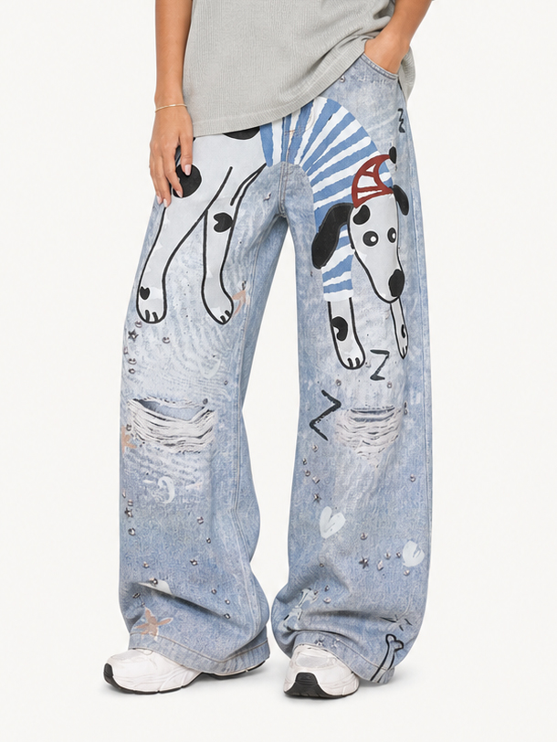 [Copy]OYL-Lab Curved Seam Baggy Rivet Washed Jeans