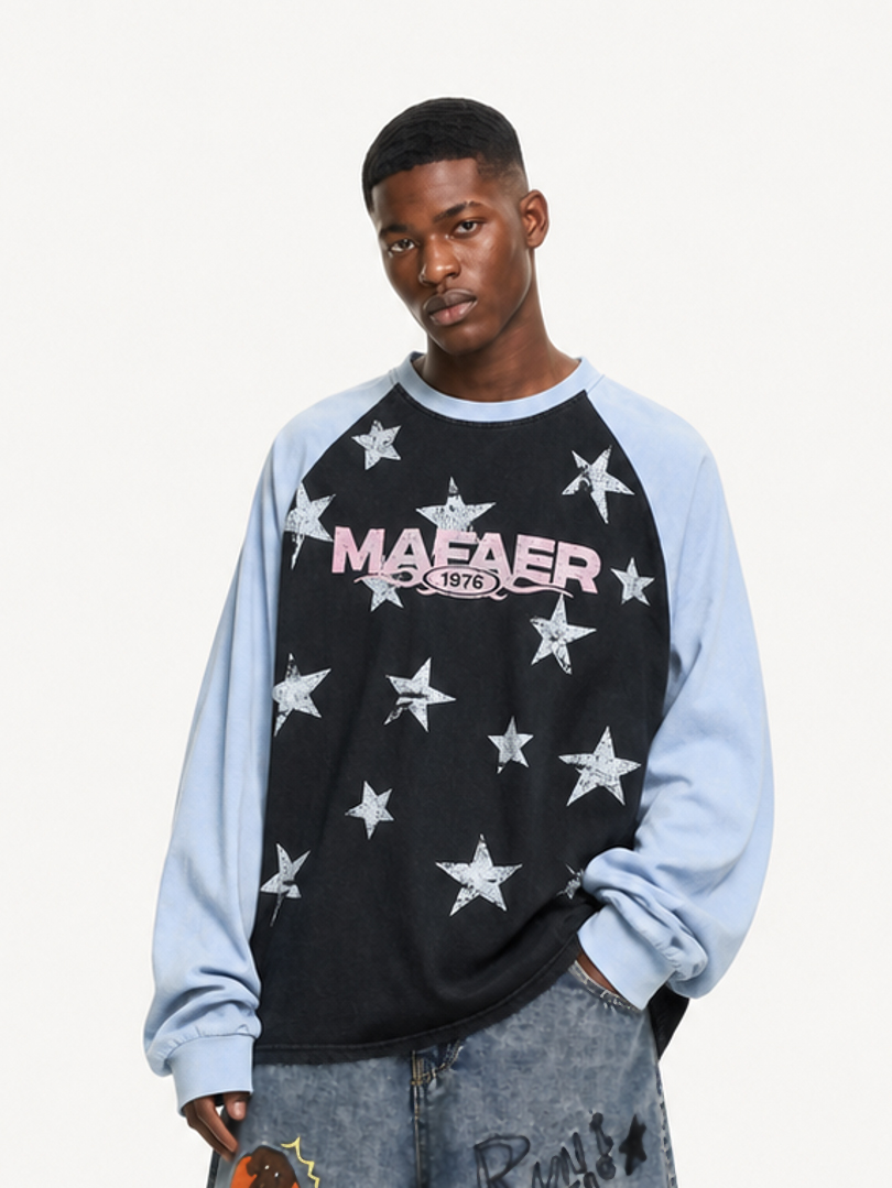 OYL-Lab Vintage Washed Star Print Raglan Sweatshirt
