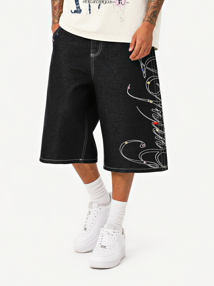 OYL-Lab Rhinestone Embroidered Jort Shorts