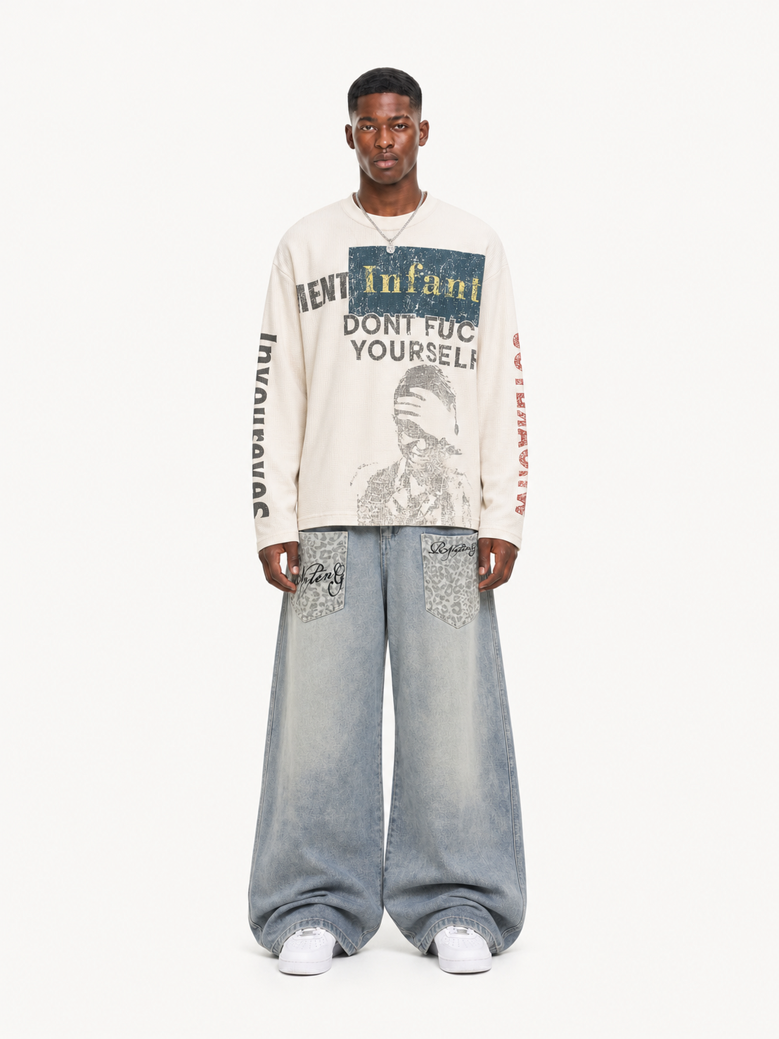 OYL-Lab Waffle Distressed Print Long Sleeve Tee