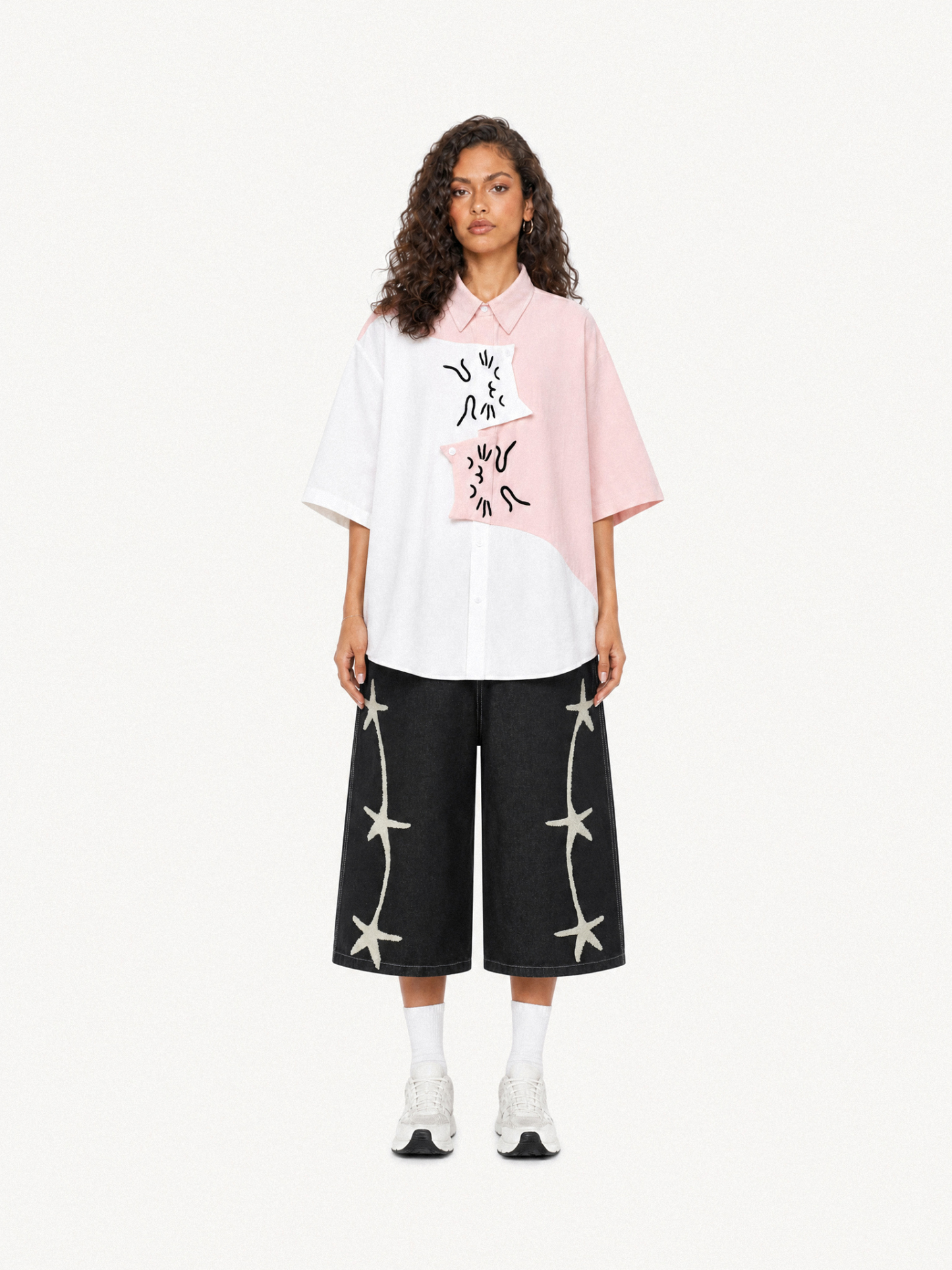 OYL-Lab Color Block Cat Embroidery  Short Sleeve Shirt