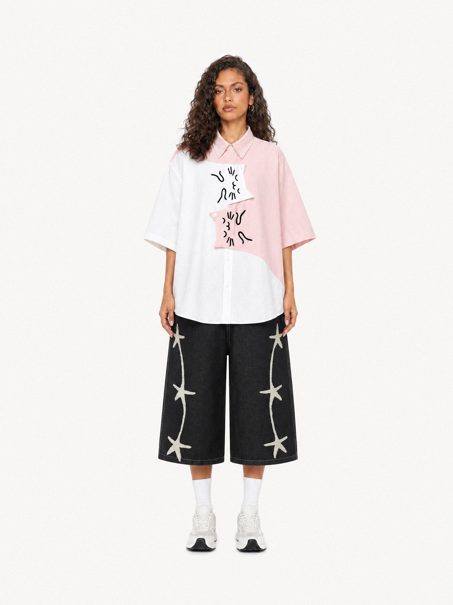 OYL-Lab Color Block Cat Embroidery  Short Sleeve Shirt
