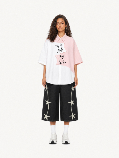 OYL-Lab Color Block Cat Embroidery  Short Sleeve Shirt
