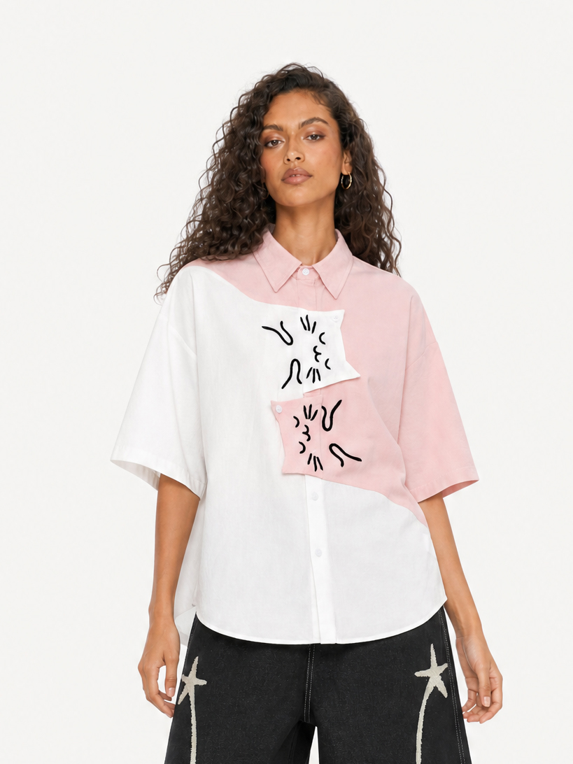 OYL-Lab Color Block Cat Embroidery  Short Sleeve Shirt