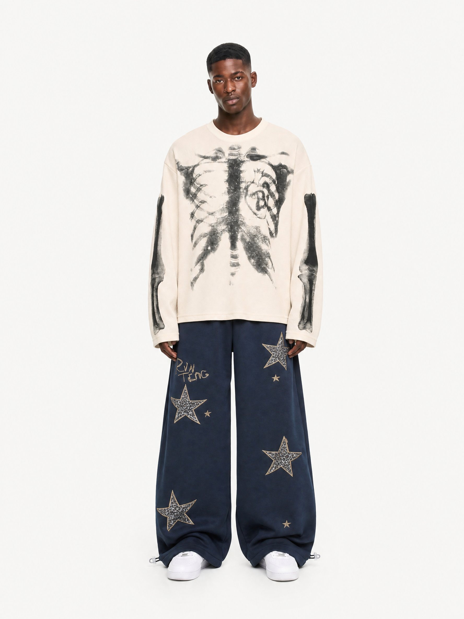 OYL-Lab Waffle Knit Skeleton Graphic Long Sleeve Tee