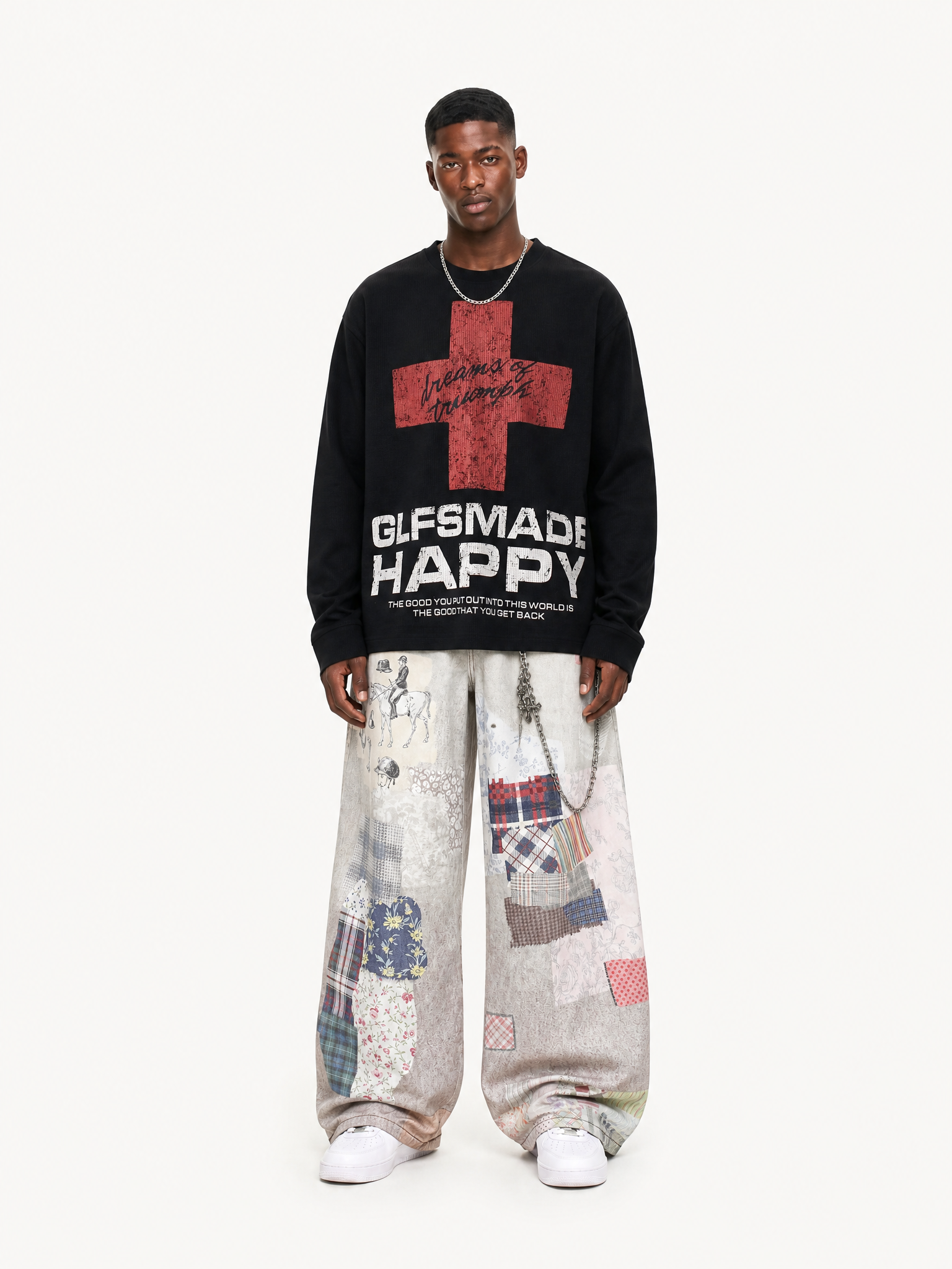 OYL-Lab Waffle Knit Cross Vintage Long Sleeve Tee