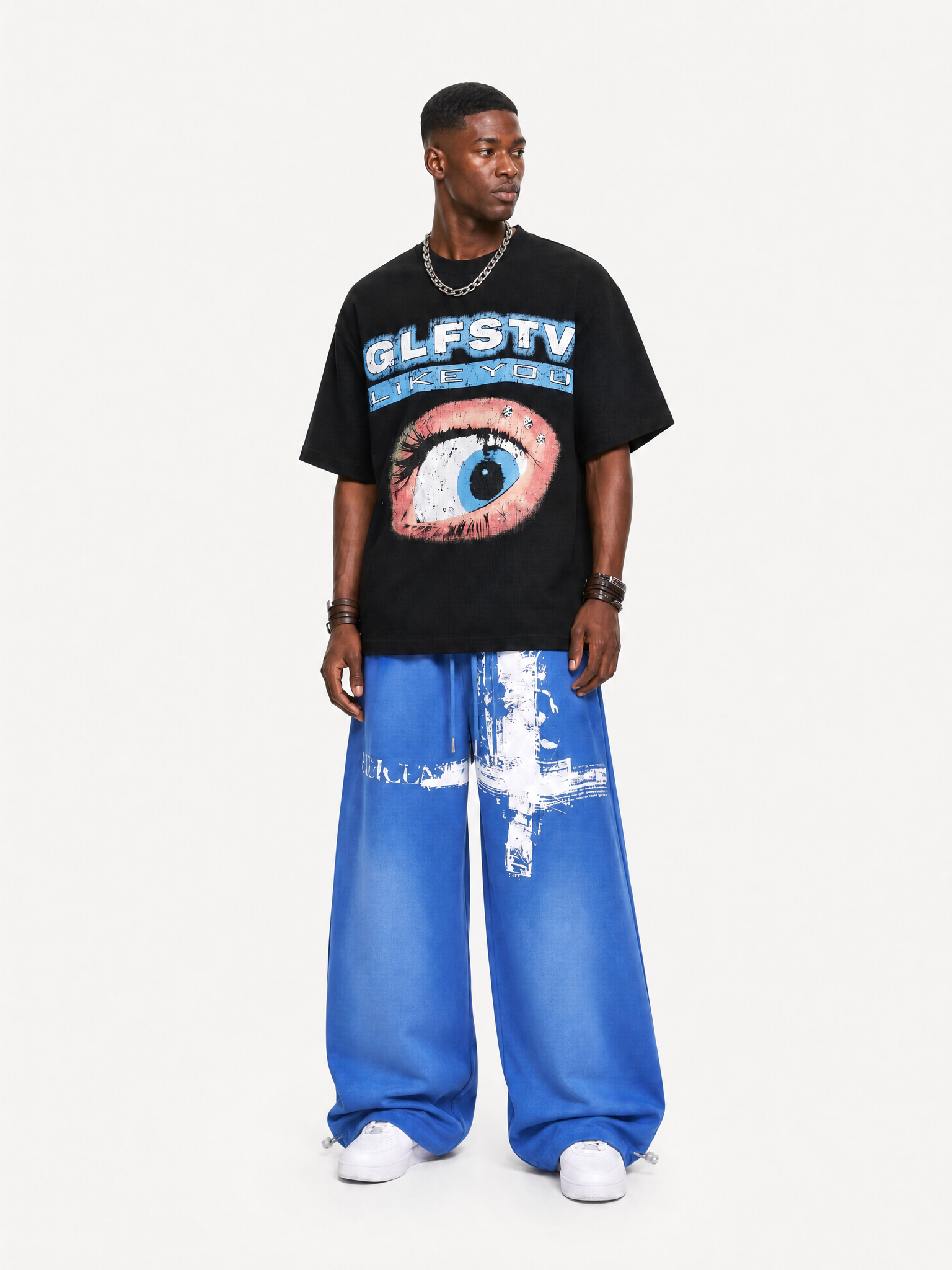 OYL-Lab Distressed Cross Print Baggy Pants