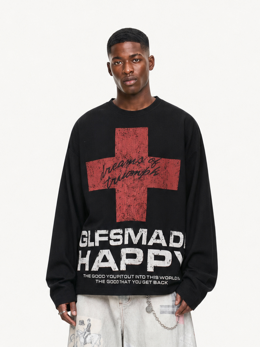 OYL-Lab Waffle Knit Cross Vintage Long Sleeve Tee