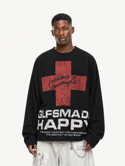 OYL-Lab Waffle Knit Cross Vintage Long Sleeve Tee