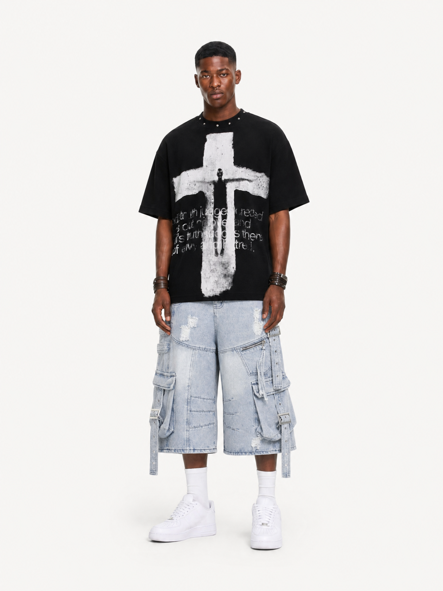 OYL-Lab Stud Collar Cross Figure  Waffle Tee