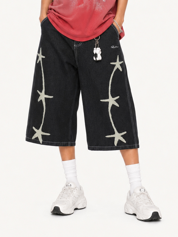 OYL-Lab Towel Embroidered Star Baggy Denim Jorts