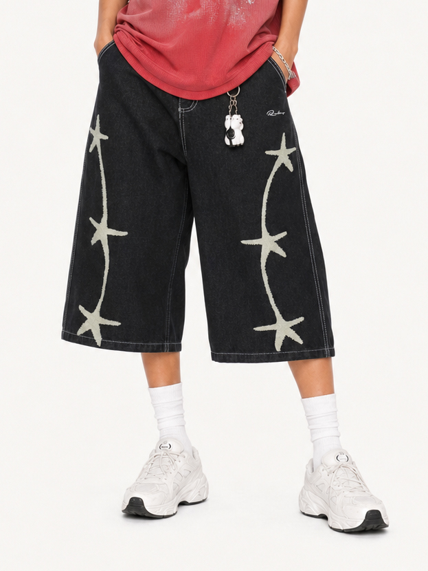 OYL-Lab Towel Embroidered Star Baggy Denim Jorts