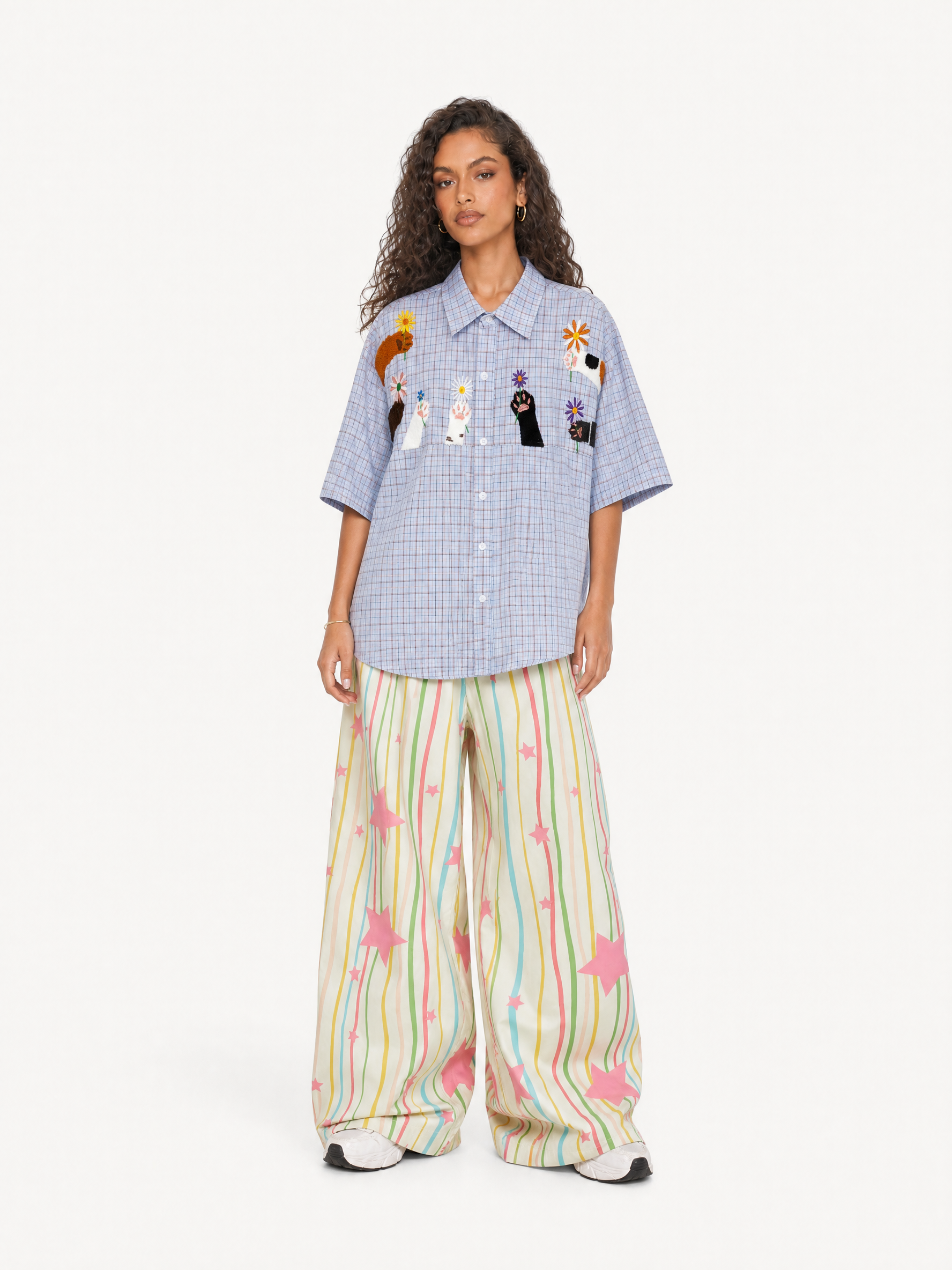 OYL-Lab Towel Embroidery Cat Paw Flower Shirt