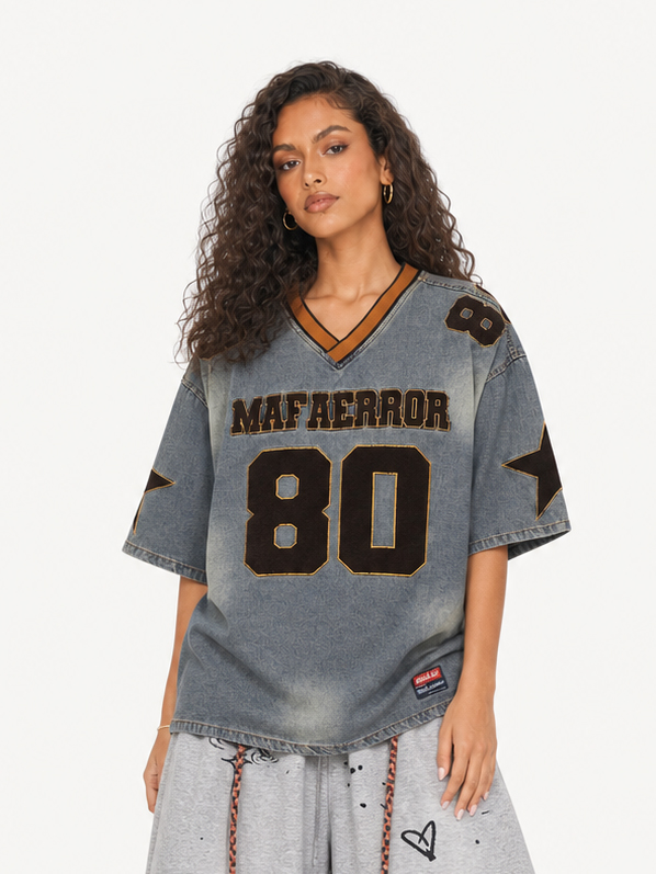 OYL-Lab Varsity  Star Patch  V Neck Tee