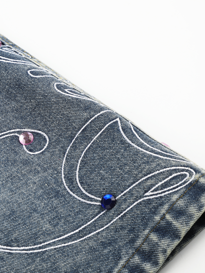 OYL-Lab Rhinestone Embroidered Jort Shorts