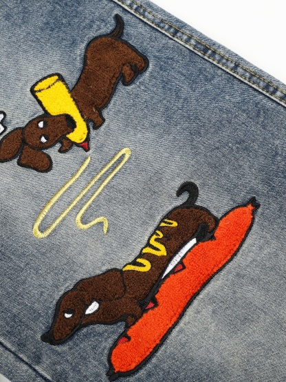 OYL-Lab Dachshund Towel Embroidery Baggy Jeans