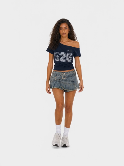 OYL-Lab Women Asymmetrical Pleated Denim Skort
