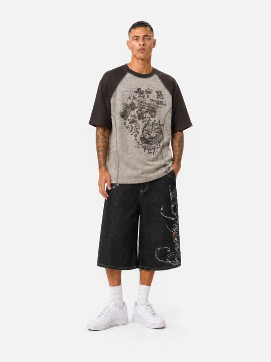 OYL-Lab  Faded Sketch Cat Butterfly Color Block Tee