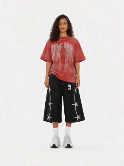 OYL-Lab Towel Embroidered Star Baggy Denim Jorts