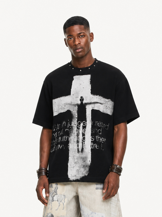 OYL-Lab Stud Collar Cross Figure  Waffle Tee