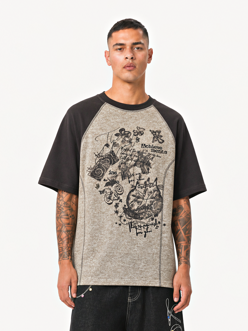 OYL-Lab  Faded Sketch Cat Butterfly Color Block Tee