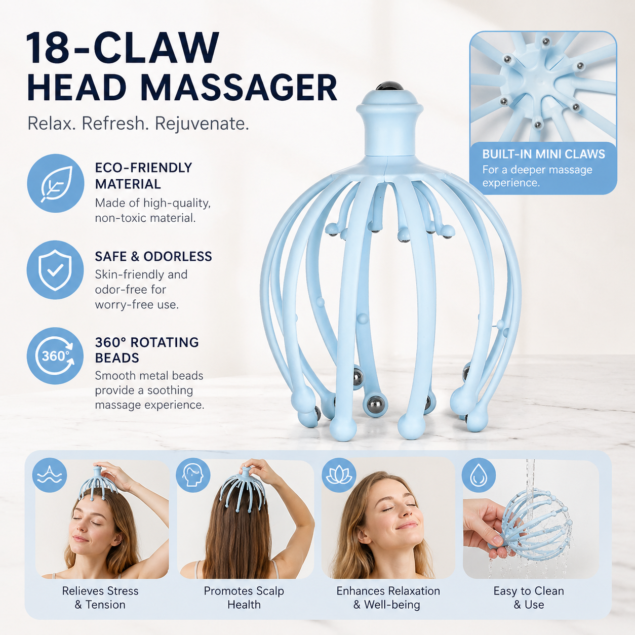 Electric Octopus Scalp Massager, 360° Cordless Head Massager for Migraine Relief & Stress Relaxation