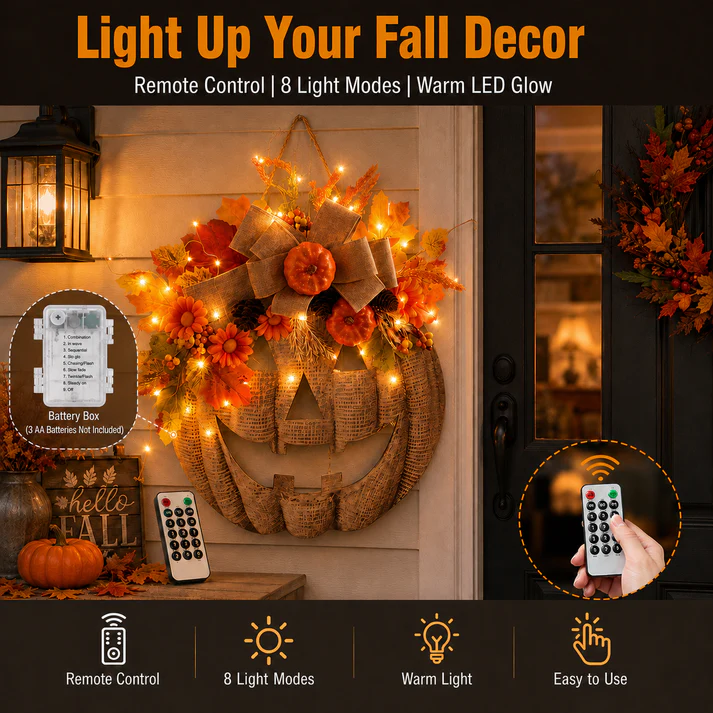🎃 ✨ Light-Up Burlap Pumpkin Wreath