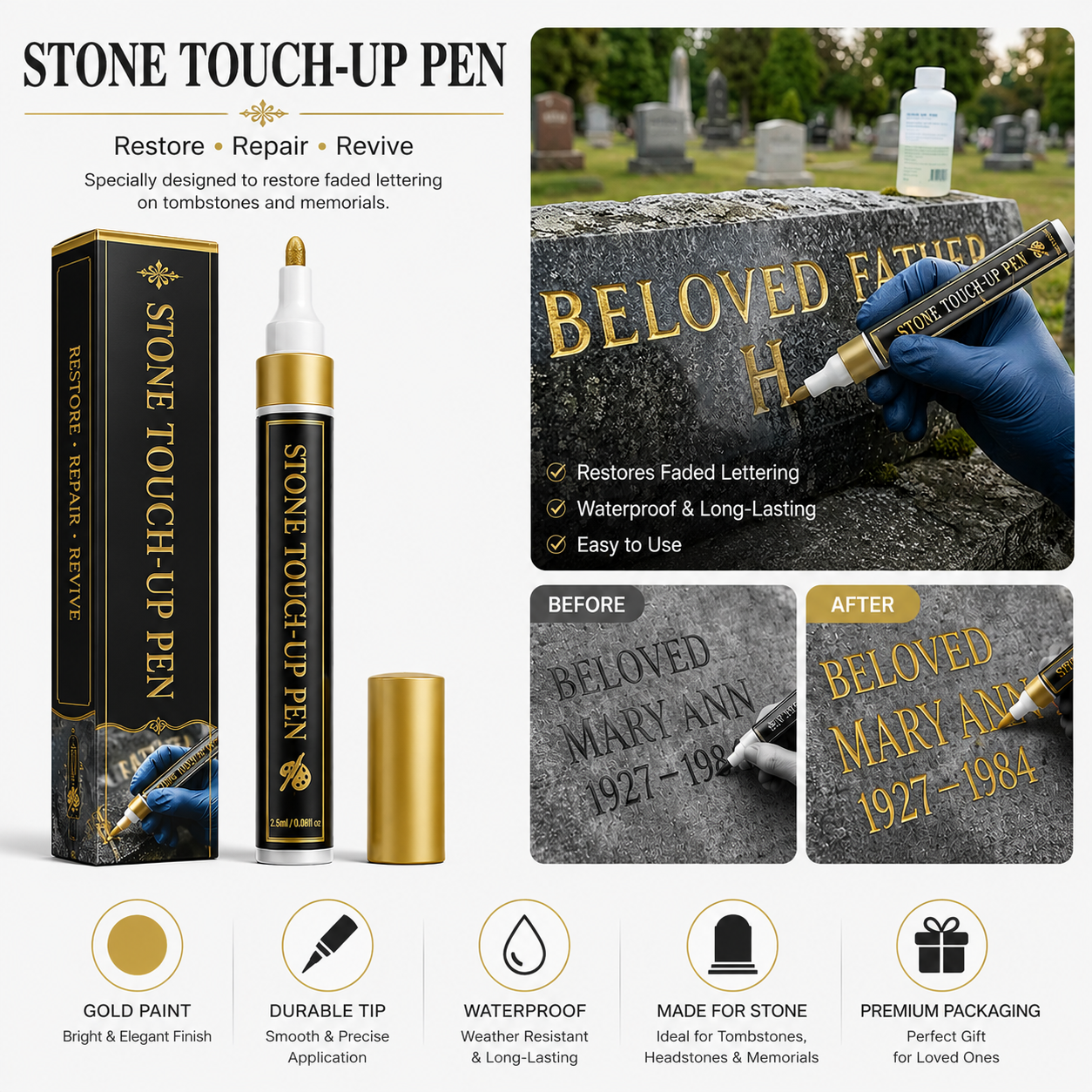 🐦Gold Tombstone Marker Pen-Bring Faded Memorial Lettering Back to Life(Pack of 2)