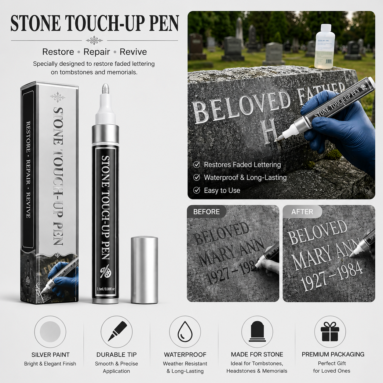 🐦Gold Tombstone Marker Pen-Bring Faded Memorial Lettering Back to Life(Pack of 2)