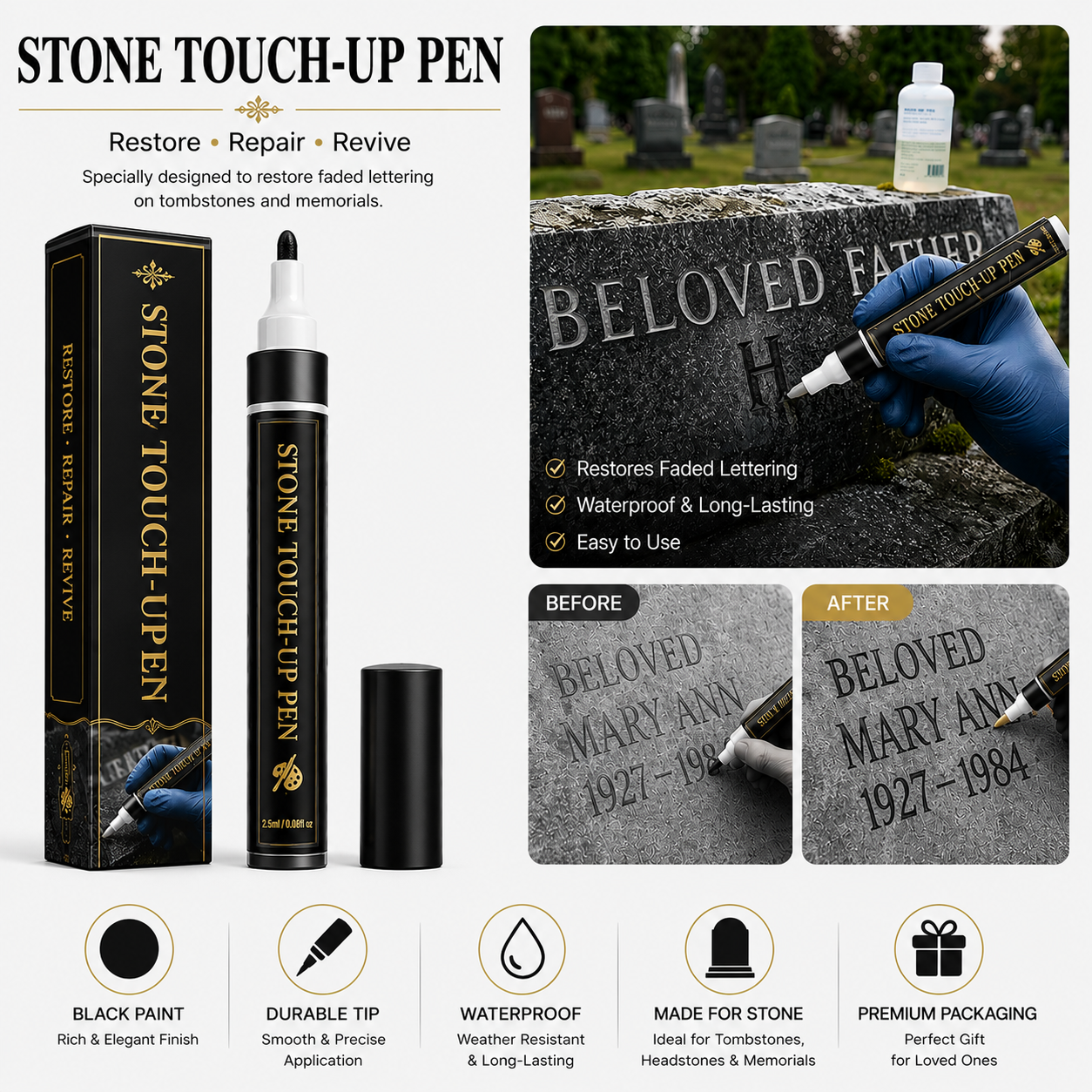 🐦Gold Tombstone Marker Pen-Bring Faded Memorial Lettering Back to Life(Pack of 2)
