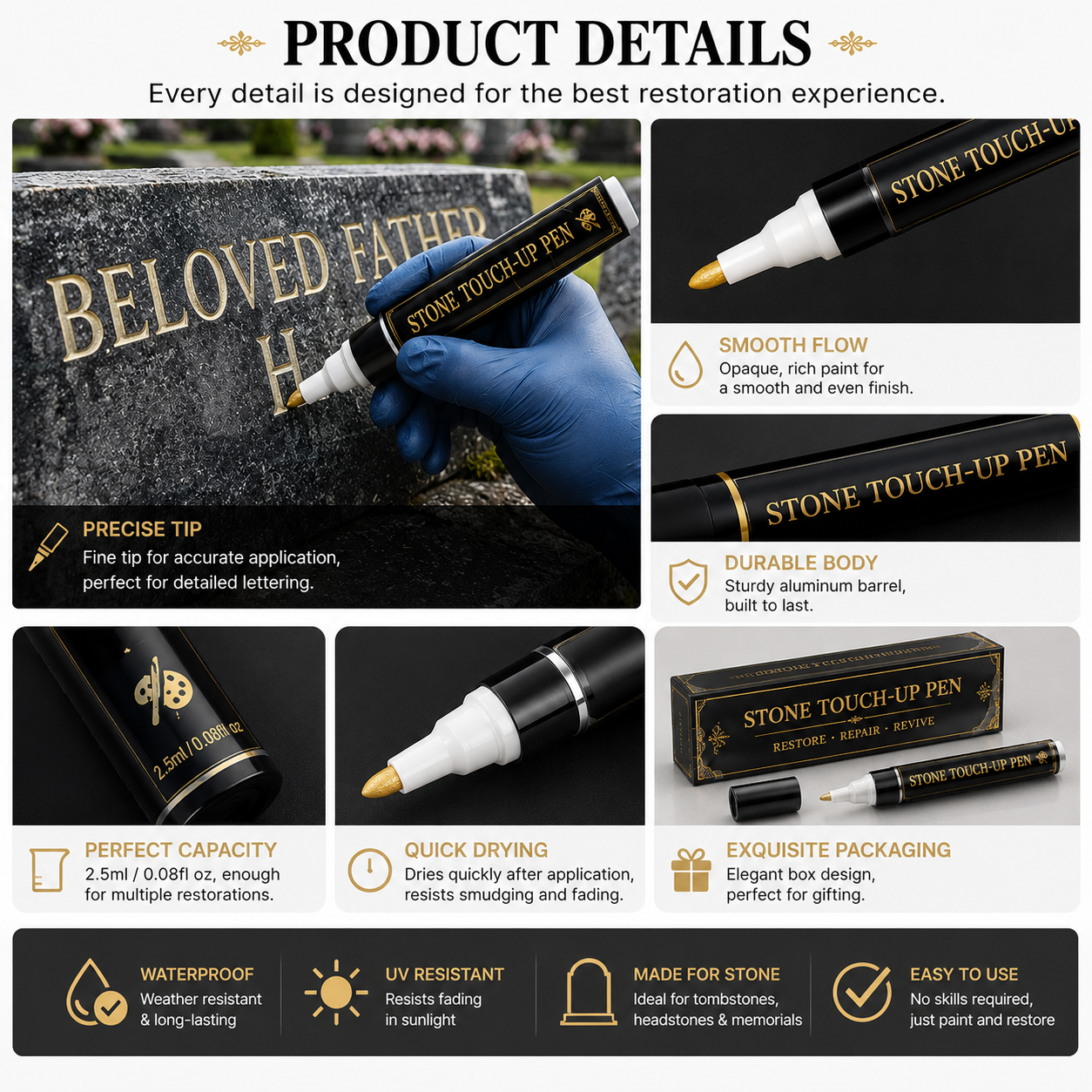 🐦Gold Tombstone Marker Pen-Bring Faded Memorial Lettering Back to Life(Pack of 2)