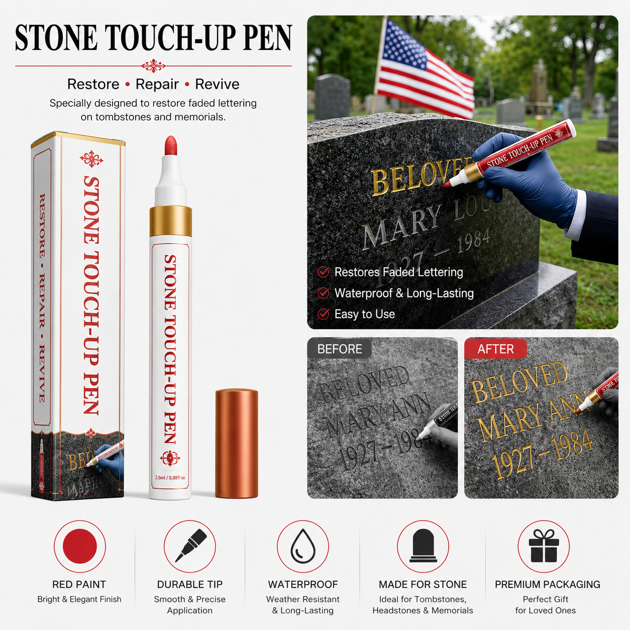 🐦Gold Tombstone Marker Pen-Bring Faded Memorial Lettering Back to Life(Pack of 2)